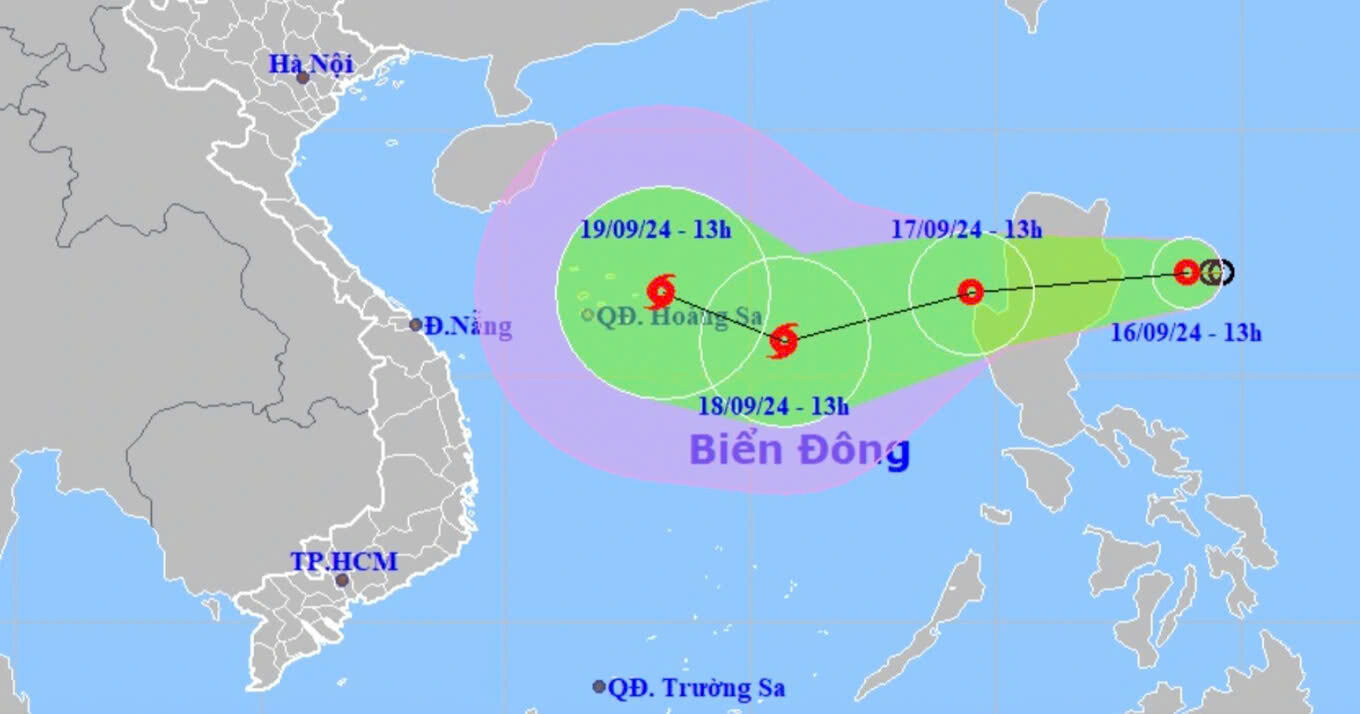 Vị trí và hướng di chuyển của áp thấp nhiệt đới. (Ảnh: Trung tâm Dự báo khí tượng thủy văn quốc gia).