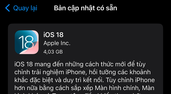 Thông báo cập nhật iOS 18. Ảnh chụp màn hình