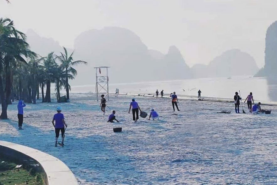 People clean up trash on the beach of Ha Long city in Quang Ninh province. (Photo: hanoimoi.vn)