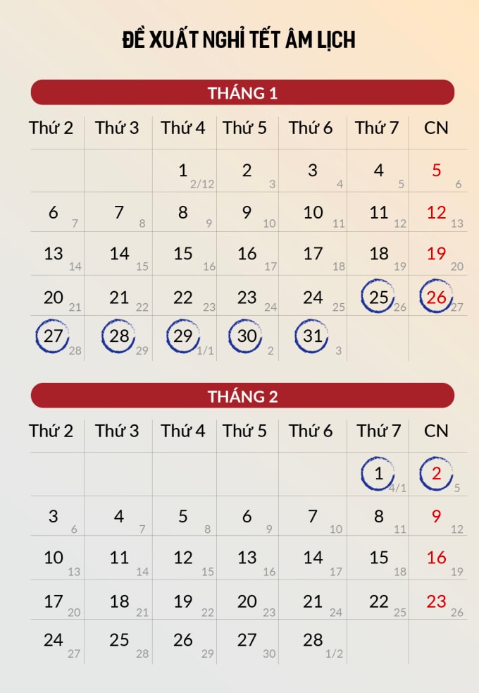 Lịch nghỉ Tết Âm lịch theo đề xuất của Bộ Lao động Thương binh và Xã hội. Đồ họa: Đăng Hiếu