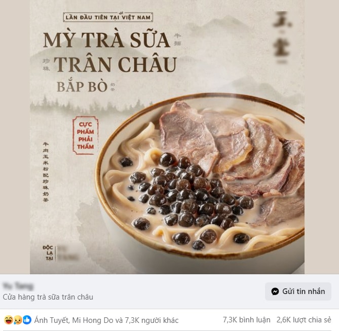 Món mỳ trà sữa trân châu bắp bò được thương hiệu quảng bá trên Fanpage. (Ảnh chụp màn hình)