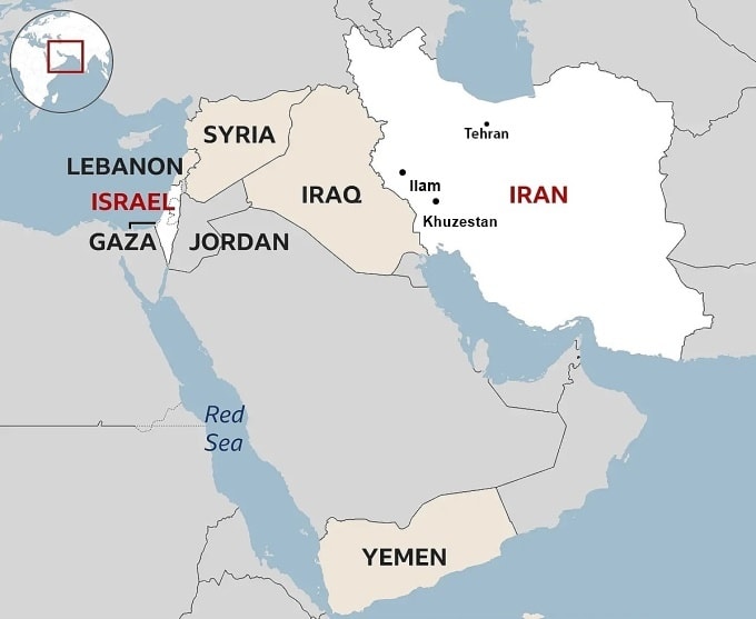 Vị trí Israel, Iraq cùng ba vị trí bị không kích ở Iran là thủ đô Tehran cùng tỉnh Khuzestan, Ilam. Đồ họa: BBC