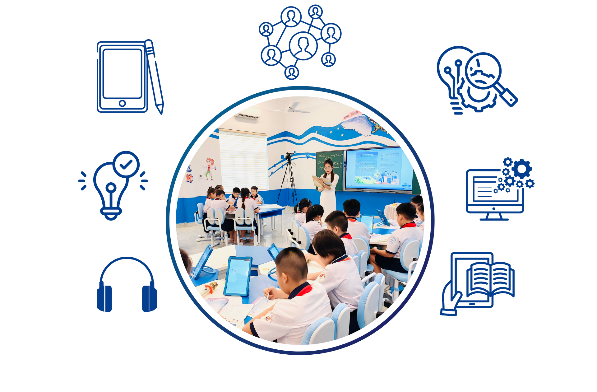 Cô và trò Trường tiểu học Núi Đèo (huyện Thủy Nguyên) trong một tiết học.