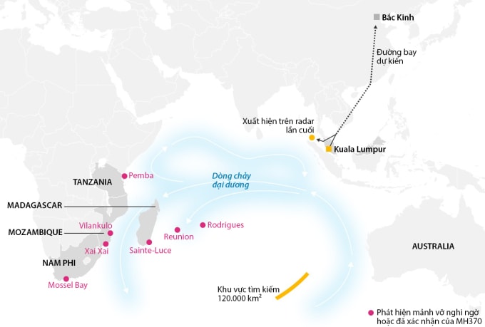 Vị trí các mảnh vỡ MH370, đường bay của máy bay và khu vực tìm kiếm ban đầu ở Ấn Độ Dương vào năm 2014. Đồ họa: Guardian