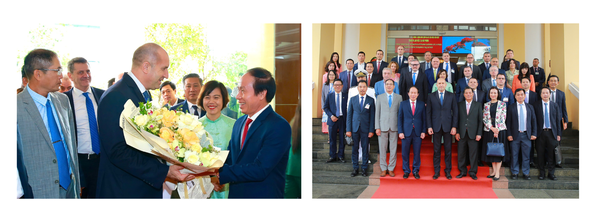 Đồng chí Lê Tiến Châu, Ủy viên Trung ương Đảng, Bí thư Thành ủy, TrưởngĐoàn đại biểu Quốc hội Hải Phòng cùng các đồng chí lãnh đạo thành phố tặng hoachúc mừng Tổng thống Bulgaria và Đoàn công tác.