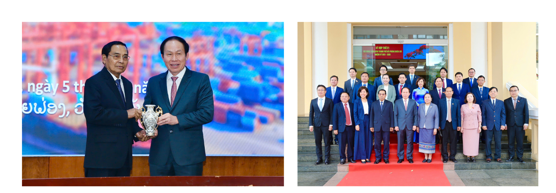 Đồng chí Lê Tiến Châu, Ủy viên Trung ương Đảng, Bí thư Thành ủy, TrưởngĐoàn đại biểu Quốc hội Hải Phòng đón Đoàn lãnh đạo cấp cao Đảng Nhân dân Cách mạngLào.
