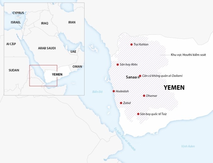 Khu vực Houthi kiểm soát ở Yemen. Đồ họa: AFP