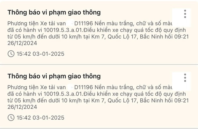 Thông báo lỗi vi phạm giao thông trong ứng VNeTraffic của Hương. Ảnh: Mai Hương