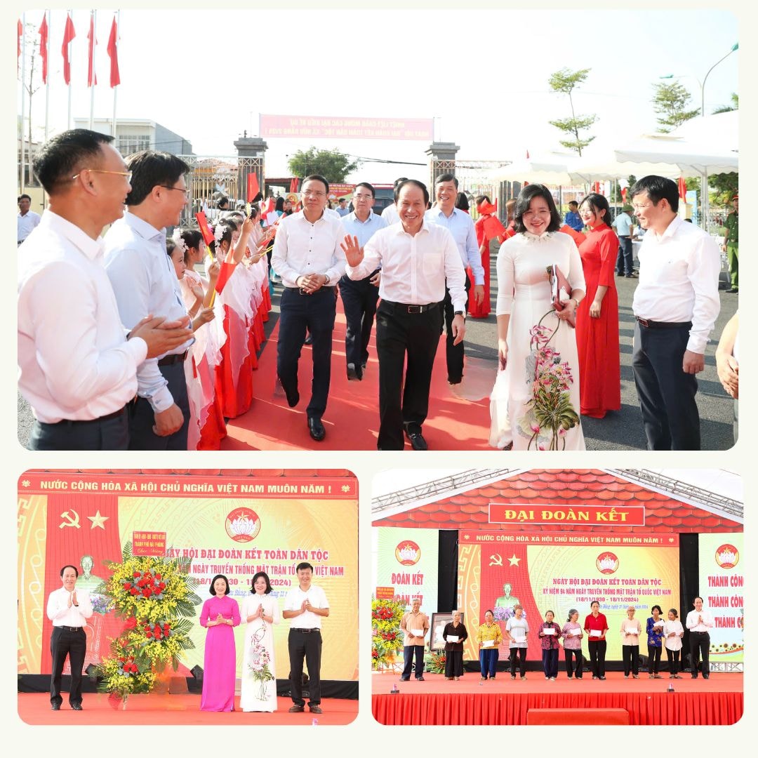 Đồngchí Lê Tiến Châu, Ủy viên Trung ương Đảng, Bí thư Thành ủy, Trưởng Đoàn đại biểuQuốc hội Hải Phòng cùng các đồng chí lãnh đạo thành phố dự ngày hội Đại đoàn kếttại xã Hữu Bằng.