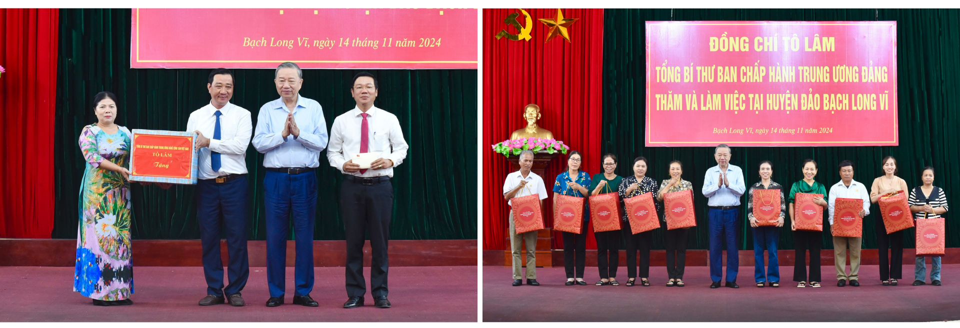 Đồng chí Tô Lâm, Tổng Bí thư Ban chấp hành Trung ương Đảng tặng quà Đảng bộ, chính quyền và Nhân dân huyện Bạch Long Vĩ.