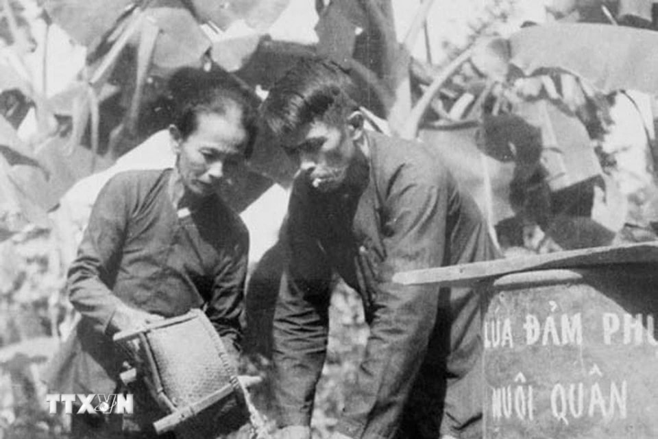 Gia đình một nông dân ở xã Ân Phong, huyện Hoài Ân, tỉnh Bình Định ủng hộ lúa cho cách mạng, góp phần nuôi quân chiến đấu trong Chiến dịch Tây Nguyên, tháng 3/1975. (Ảnh: Thành Vinh/TTXVN)