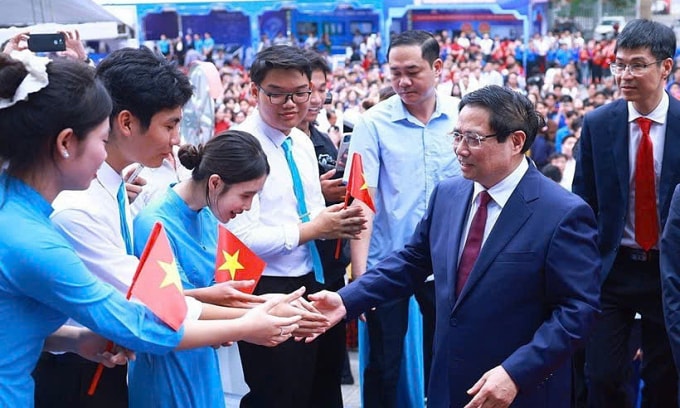 Thủ tướng Phạm Minh Chính tham gia lễ phát động phong trào Cả nước thi đua đổi mới sáng tạo và chuyển đổi số, ngày 24/4. Ảnh: Bộ KH&CN