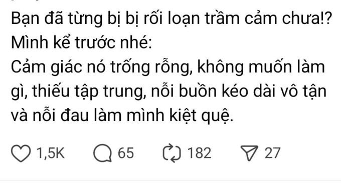 Một bài đăng trên Threads về triệu chứng trầm cảm nhận được 1.500 lượt yêu thích cùng nhiều bình luận đồng tình, chia sẻ. Ảnh chụp màn hình