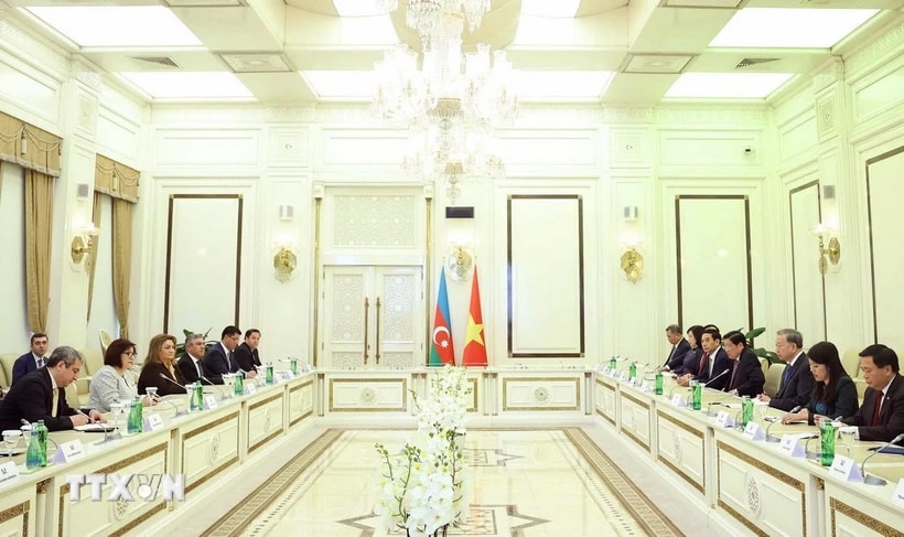 Tổng Bí thư Tô Lâm hội kiến Chủ tịch Quốc hội Azerbaijan Sahiba Gafarova. (Ảnh: Thống Nhất/TTXVN)