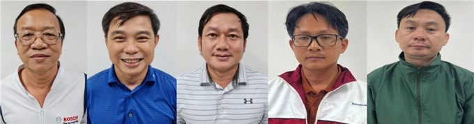 Các bị can Trần Ngọc Linh; Nguyễn Thành Ngôn; Trương Tấn Đạt; Lê Quang Nghĩa; Tạ Thúc Thông (từ trái qua). Ảnh: Bộ Công an