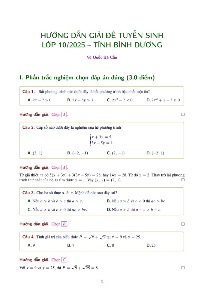 Lời giải đề thi môn Toán vào lớp 10 ở Bình Dương