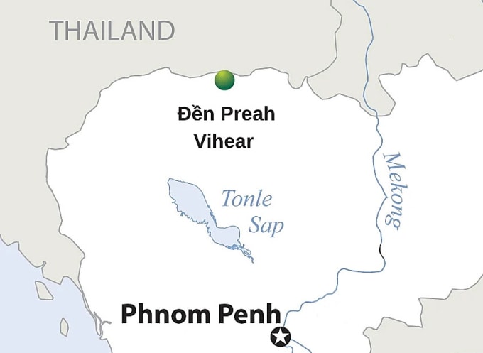 Vị trí đền Preah Vihear ở biên giới Thái Lan - Campuchia. Đồ họa: ReliefWeb