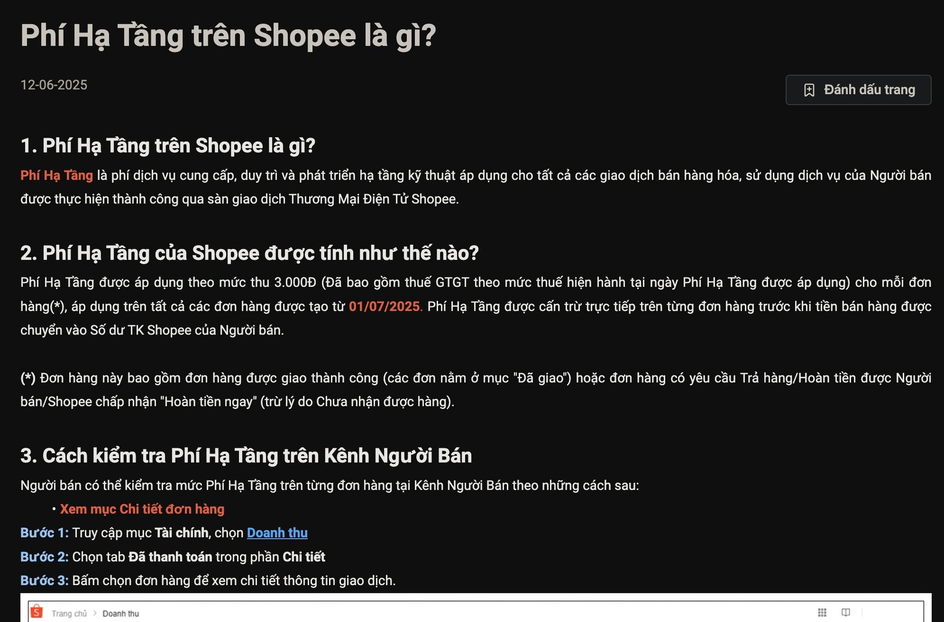 Shopee thông báo thu phí hạ tầng 3.000 đồng/đơn hàng từ ngày 1/7. (Ảnh: chụp màn hình)