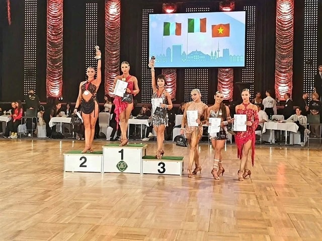 Nguyen Trong Nha Uyen (third from left) on the podium at the WDSF World Championship 2025. (Photo courtesy of Hoang Thu Trang)