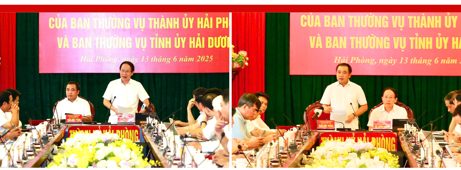Đồng chí Bí thư Thành ủy Hải Phòng Lê Tiến Châu và Bí thư Tỉnh ủy Hải Dương Trần Đức Thắng thống nhất: Việchợp nhất sẽ góp phần phát huy tối đa tiềm năng, lợi thế của cả hai địa phương,hướng tới xây dựng một trung tâm phát triển toàn diện.