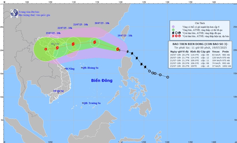 Location and forecast track of Storm Wipha as of 11:00am on July 19. (Photo: National Centre for Hydro-Meteorological Forecasting) 