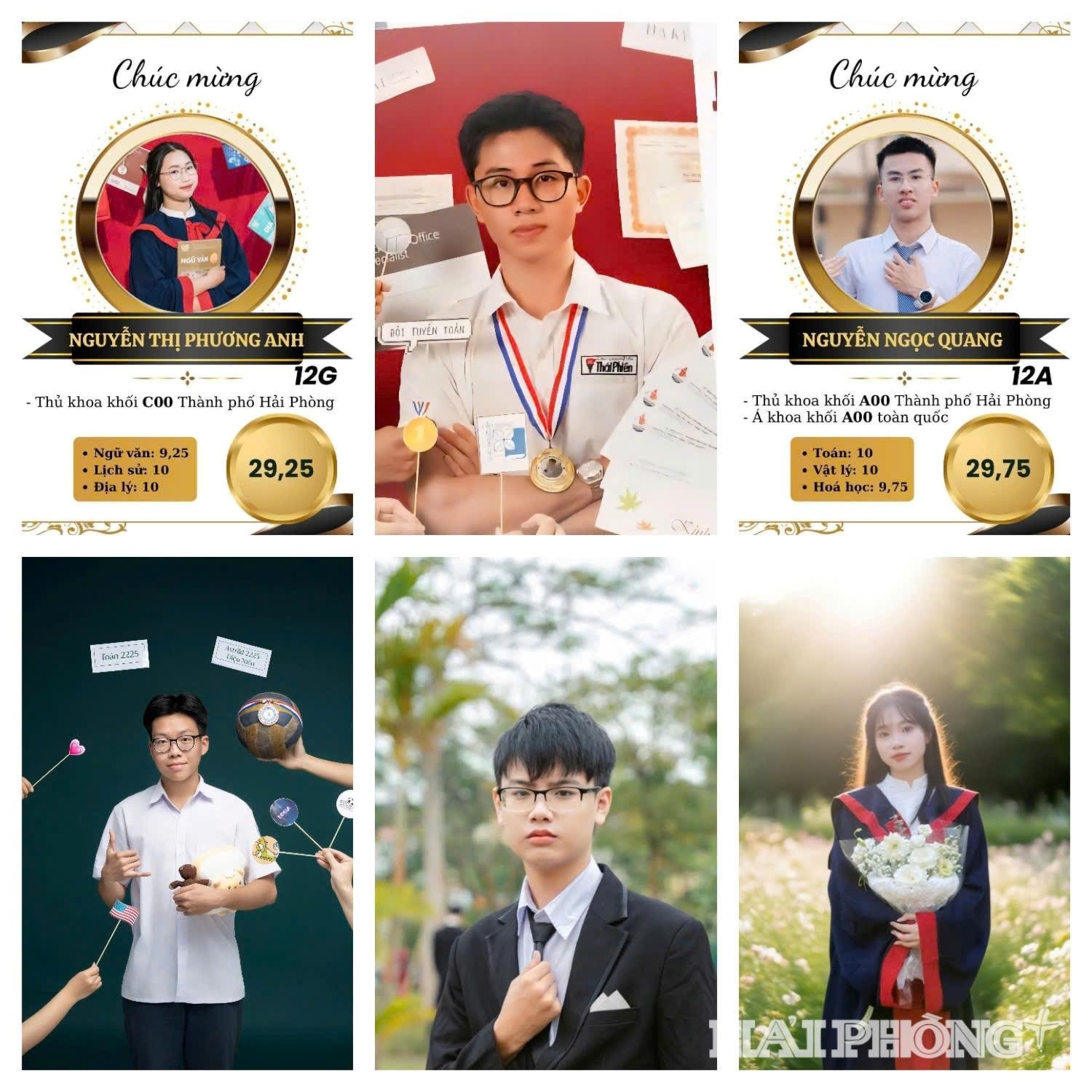 6 gương mặt thủ khoa thành phố (từ trái qua phải) là Phương Anh, Đức Đạt, Ngọc Quang, Dương Sơn, Sơn Duy và Ngọc Ánh