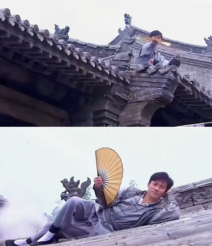 Phim Kháng Nhật kỳ hiệp có cảnh nam chính ngồi trên nóc nhà, giơ quạt, hàng chục đối thủ ngã lăn, sau đó nam chính nằm lên mái nhà phẩy quạt. Ảnh: Bilibili Phim Kháng Nhật kỳ hiệp có cảnh nam chính ngồi trên nóc nhà, giơ quạt, hàng chục đối thủ ngã lăn, sau đó nam chính nằm lên mái nhà phẩy quạt. Ảnh: Bilibili