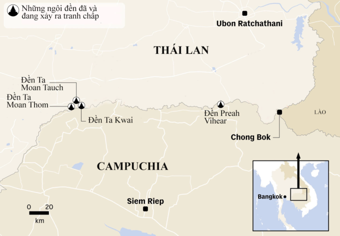 Vị trí đền Ta Muan Thom/Ta Muen Thom cùng các đền tranh chấp giữa Campuchia và Thái Lan. Đồ họa: CNA