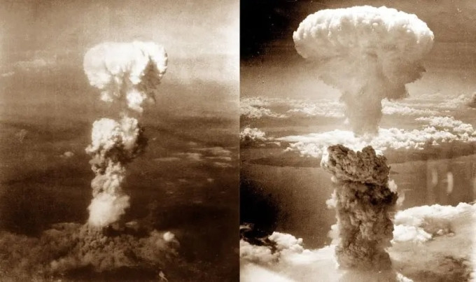 Đám mây hình nấm xuất hiện sau vụ ném bom nguyên tử ở Hiroshima (trái) và Nagasaki (phải) hồi tháng 8/1945. Ảnh: Universal History Archive