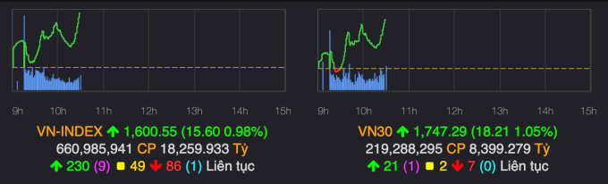 Đồ thị VN-Index và VN30 trong phiên sáng 11/8. Ảnh chụp màn hình