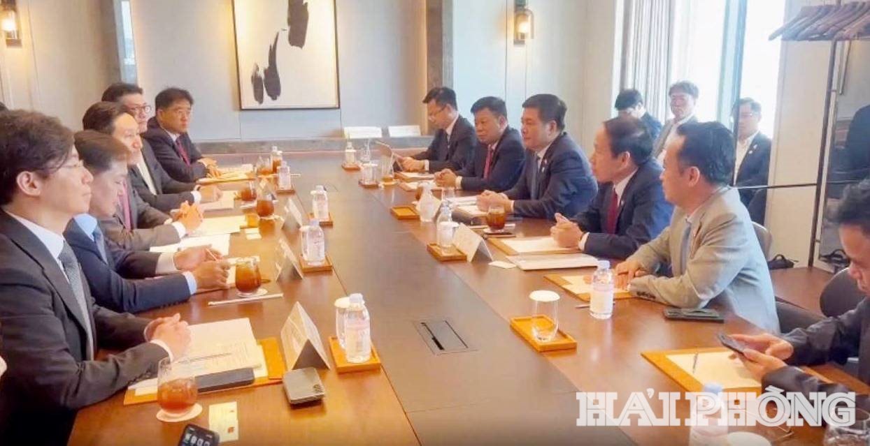 Các đồng chí Ủy viên Trung ương Đảng: Lê Tiến Châu, Bí thư Thành ủy, Trưởng Đoàn đại biểu Quốc hội thành phố Hải Phòng và Nguyễn Hồng Diên, U Bộ trưởng Công thương làm việc với Tập đoàn Hyundai (Hàn Quốc)