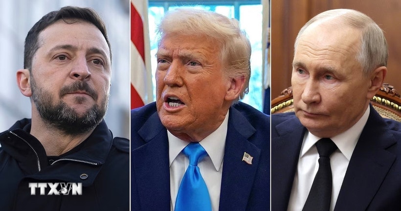 Tổng thống Ukraine Volodymyr Zelensky, Tổng thống Mỹ Donald Trump và Tổng thống Nga Vladimir Putin. (Ảnh: AP/TTXVN)