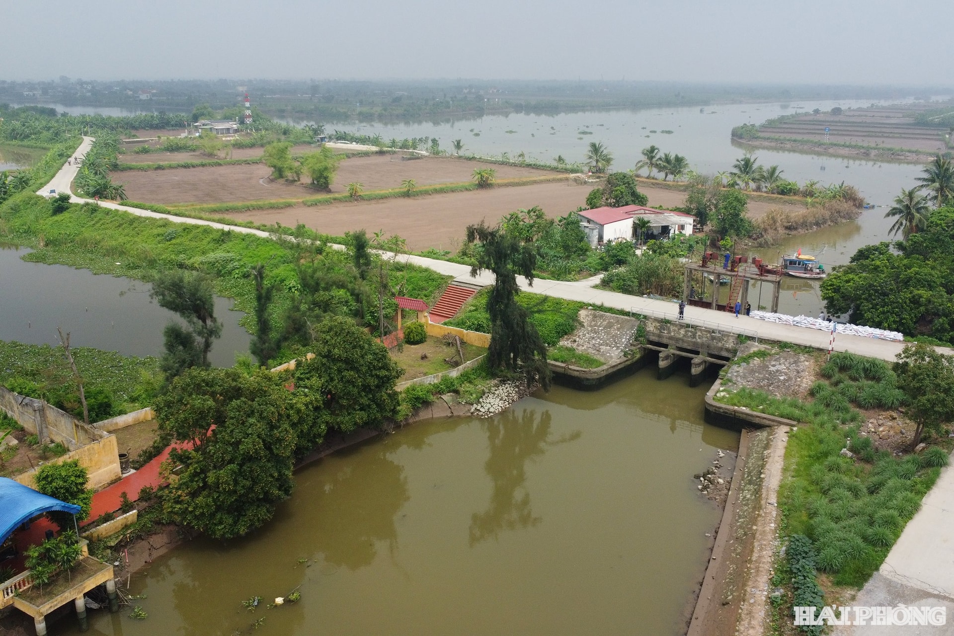 Hải Phòng có trên 700 km đê sông và đê biển cùng cống trên đê, hệ thống tiêu thoát nước (gồm Đông và Tây Hải Phòng) bảo vệ cho hàng nghìn ha đất nông nghiệp và người dân sống trong đê. Trong ảnh: Tuyến đê qua khu vực xã Quyết Thắng.