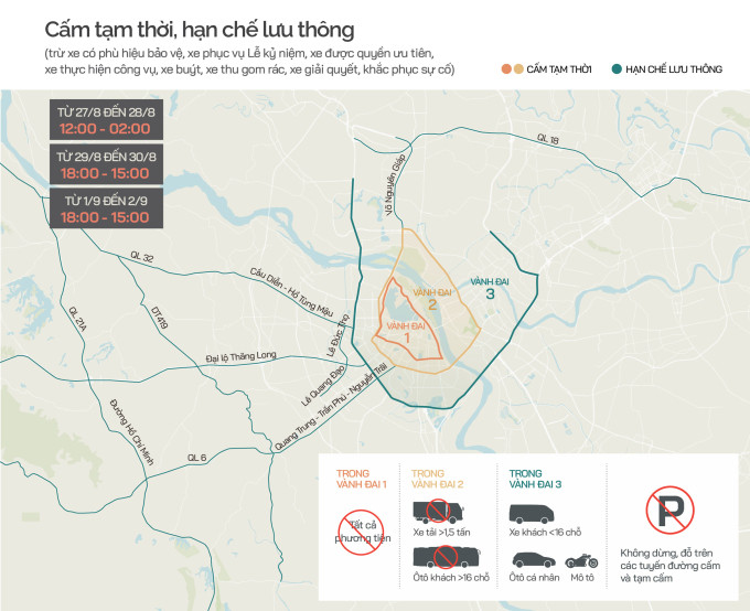 Tuyến đường tạm cấm, hạn chế phương tiện lưu thông. Đồ họa: Tạ Lư