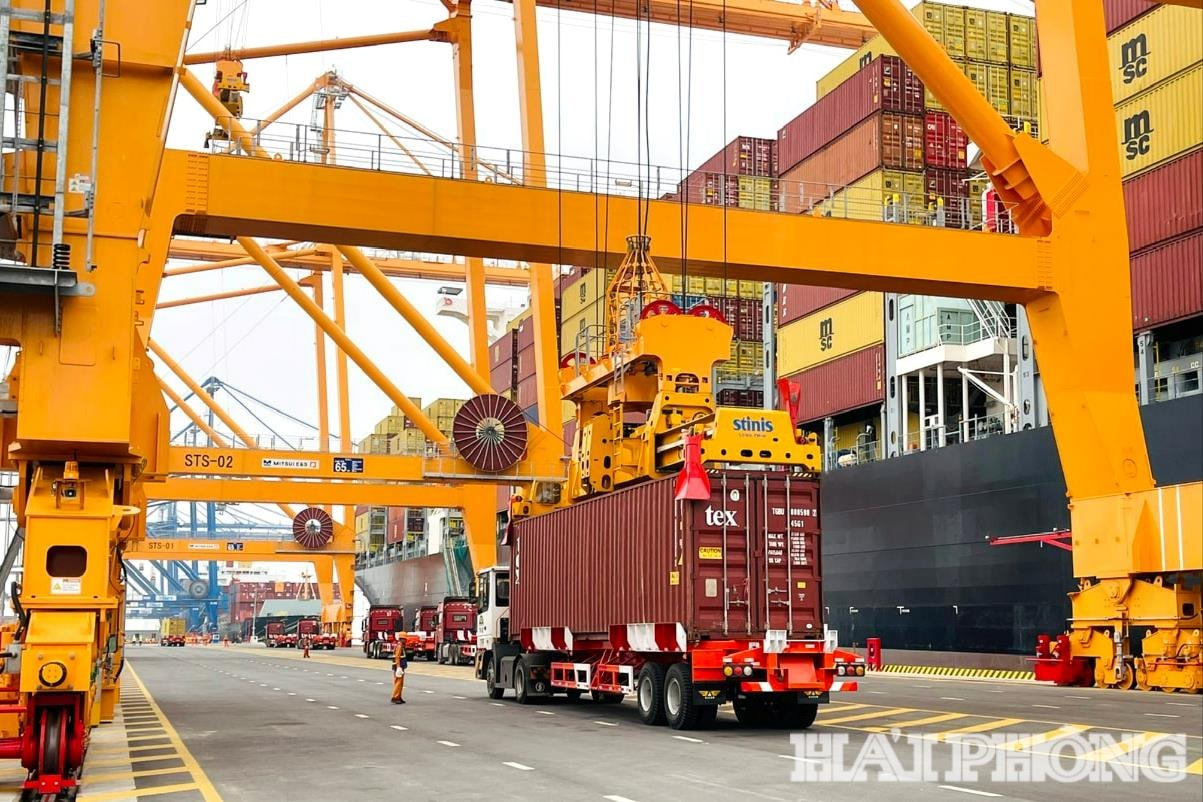 Tàu container bốc xếp hàng hóa tại Cảng quốc tế TIL Cảng Hải Phòng (HTIT)