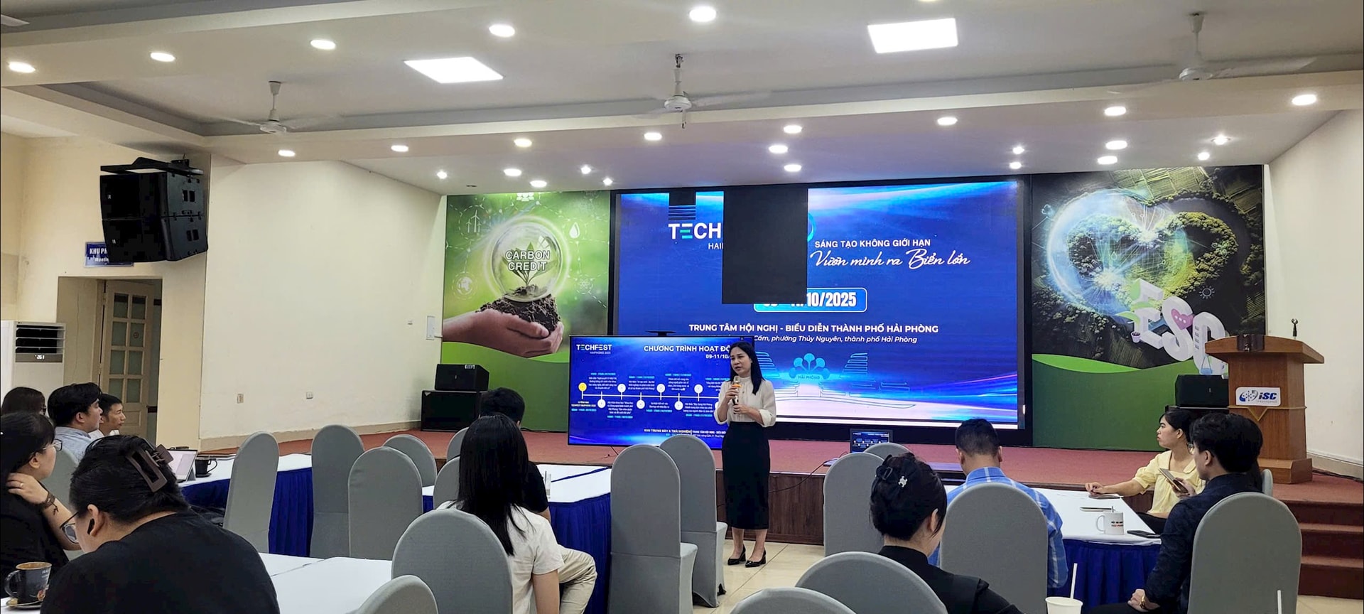 Giám đốc Trung tâm Hỗ trợ khởi nghiệp sáng tạo (Startup Haiphong) Đỗ Thị Nhung thông tin, giới thiệu về Techfest Haiphong 2025.