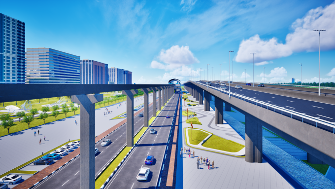 Phối cảnh tuyến monorail đi trên cao bên cạnh đại lộ cảnh quan sông Hồng.