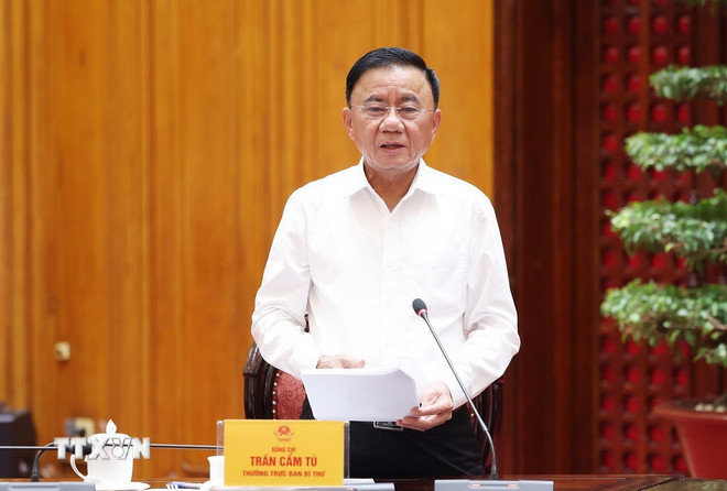 Ông Trần Cẩm Tú, Ủy viên Bộ Chính trị, Thường trực Ban Bí thư, phát biểu. (Ảnh: Dương Giang/TTXVN) ttxvn-tran-cam-tu-thien-tai.jpg