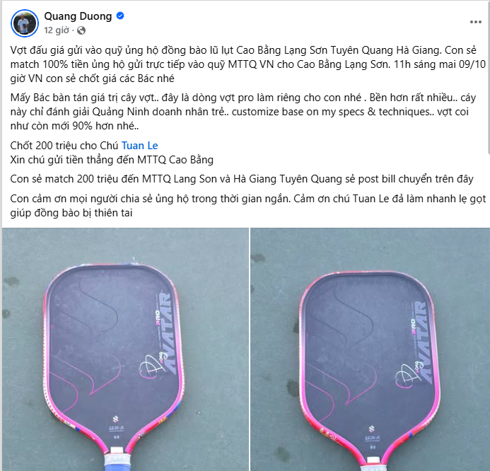 Quang Dương đấu giá thành công vợt pickleball được 'thửa riêng' để ủng hộ đồng bào lũ lụt - Ảnh 1.
