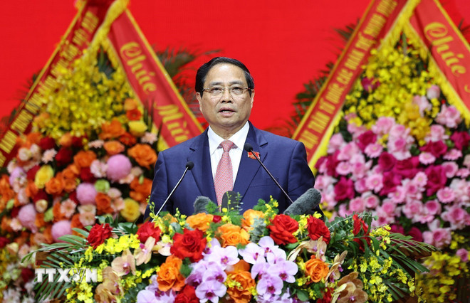 Đồng chí Phạm Minh Chính, Ủy viên Bộ Chính trị, Bí thư Đảng ủy, Thủ tướng Chính phủ phát biểu khai mạc Đại hội đại biểu Đảng bộ Chính phủ lần thứ I, nhiệm kỳ 2025-2030. (Ảnh: Dương Giang/TTXVN) ttxvn-1310-tong-bi-thu-dai-hoi-dang-bo-chinh-phu-21.jpg