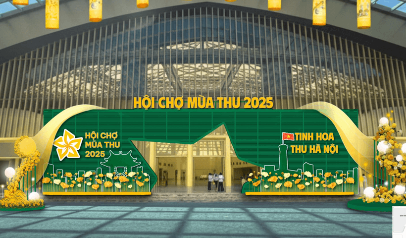 Cổng vào Hội chợ Mùa Thu 2025 được thiết kế theo hình ảnh đặc trưng của Hà Nội. (Ảnh: Ban tổ chức)