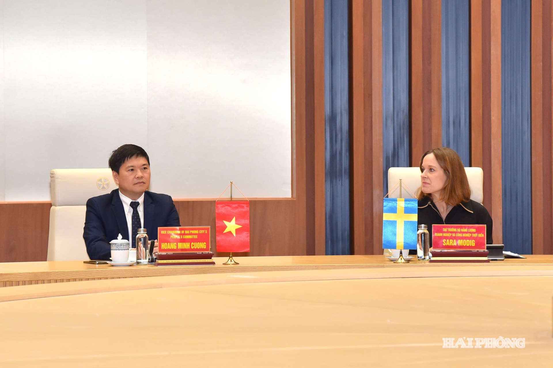 Kameraad Hoang Minh Cuong, vicevoorzitter van het stadsvolkscomité, ontving en werkte met mevrouw Sara Modig, viceminister van Energie, Handel en Industrie van Zweden.
