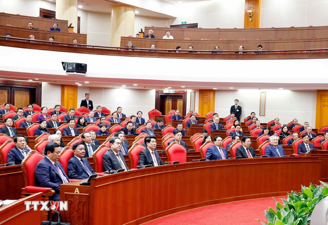 Các đại biểu dự phiên bế mạc Hội nghị lần thứ 14 Ban Chấp hành Trung ương Đảng khóa XIII. (Ảnh: Thống Nhất/TTXVN) ttxvn-0611-be-mac-hoi-nghi-trung-uong-12.jpg