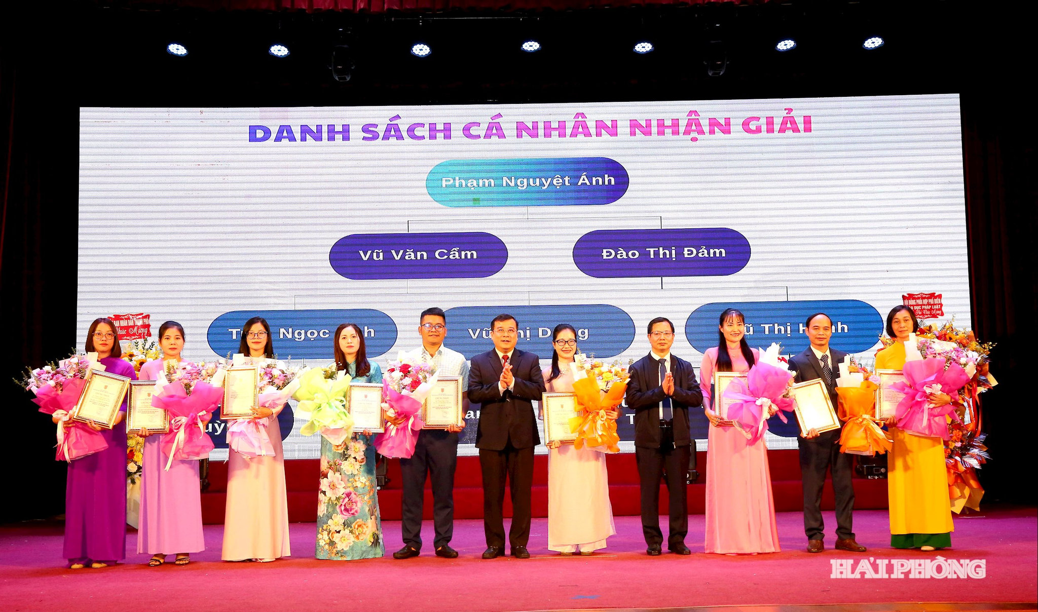 Các đồng chí Ngô Quang Giáp, ủy viên Thành ủy, Giám đốc Sở Tư Pháp và Đặng Văn Hách, Phó chủ tịch ủy ban MTTQ Việt Nam thành phố trao giải Nhất, Nhì, Ba, Khuyến khích cá nhân. Ảnh Đỗ Hiền