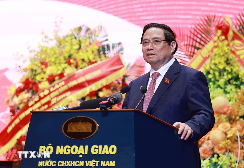 Thủ tướng Phạm Minh Chính phát biểu tại Đại hội Thi đua yêu nước Bộ Ngoại giao giai đoạn 2025-2030. (Ảnh: Dương Giang/TTXVN)