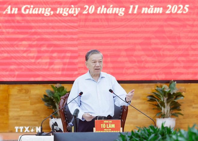 Tổng Bí thư Tô Lâm phát biểu. (Ảnh: Thống Nhất/ TTXVN) ttxvn-tong-bi-thu-to-lam-tinh-uy-an-giang-4.jpg
