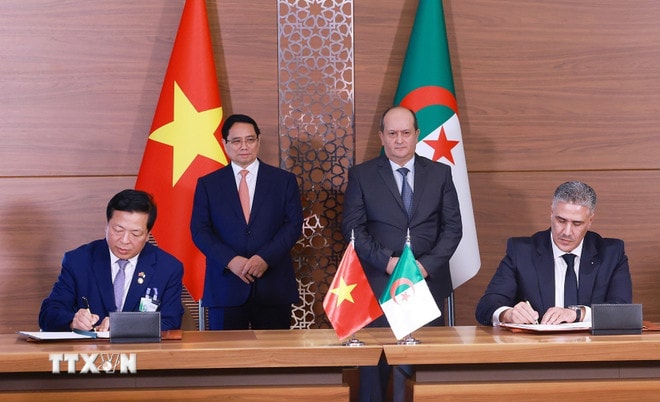 Thủ tướng Phạm Minh Chính và Thủ tướng Algeria Sifi Ghrieb chứng kiến ký Bản ghi nhớ hợp tác giữa Bộ Xây dựng Việt Nam và Bộ Nhà ở, Quy hoạch đô thị và thành phố Algeria trong lĩnh vực nhà ở, quy hoạch đô thị và thành phố. (Ảnh: Dương Giang/TTXVN) ttxvn-thu-tuong-pham-minh-chinh-hoi-dam-voi-thu-tuong-algeria-11.jpg