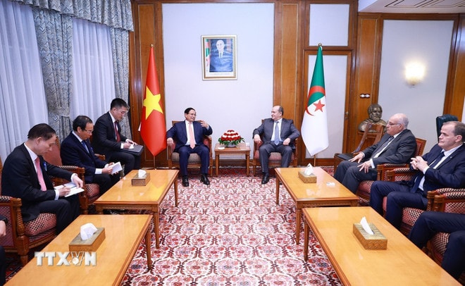 Thủ tướng Phạm Minh Chính hội đàm hẹp với Thủ tướng Algeria Sifi Ghrieb. (Ảnh: Dương Giang/TTXVN) ttxvn-thu-tuong-hoi-dam-hep-voi-thu-tuong-algeria-5.jpg