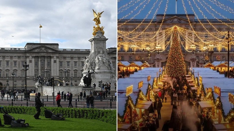 Bên ngoài Cung điện Buckingham thực tế và hình ảnh AI giả mạo chợ Giáng sinh Hoàng gia ở trước Cung điện Buckingham khiến nhiều người bị lừa. (Ảnh: Getty/Instagram)