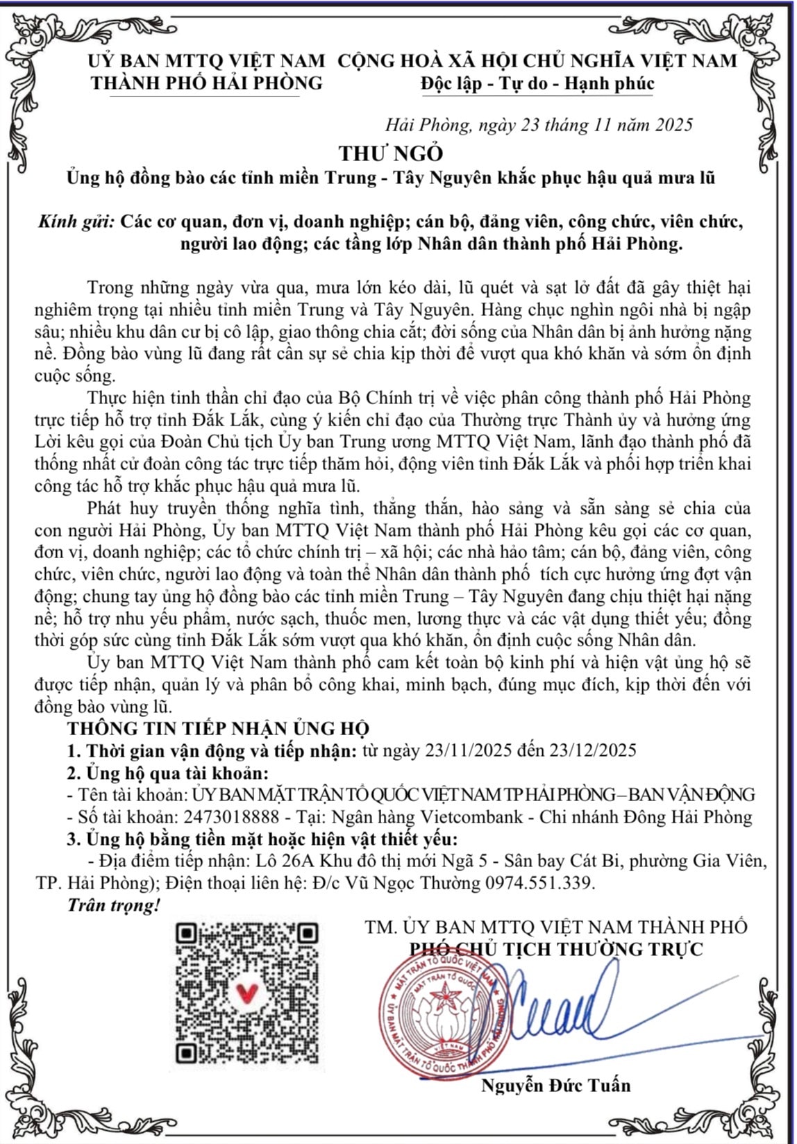 Thư kêu gọi của Uỷ ban MTTQ Việt Nam thành phố Hải Phòng.